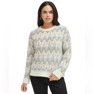 NWT Calvin Klein Eyelash Knit Fair Isle Sweater Women's Size XL Cream Tan Grey